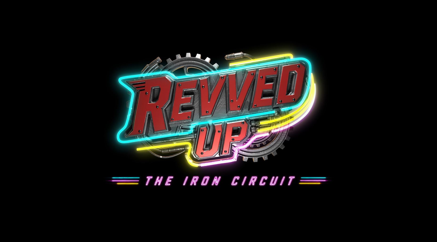 Revved Up: The Iron Circuit poster — a neon-lit race car tears through a desert circuit